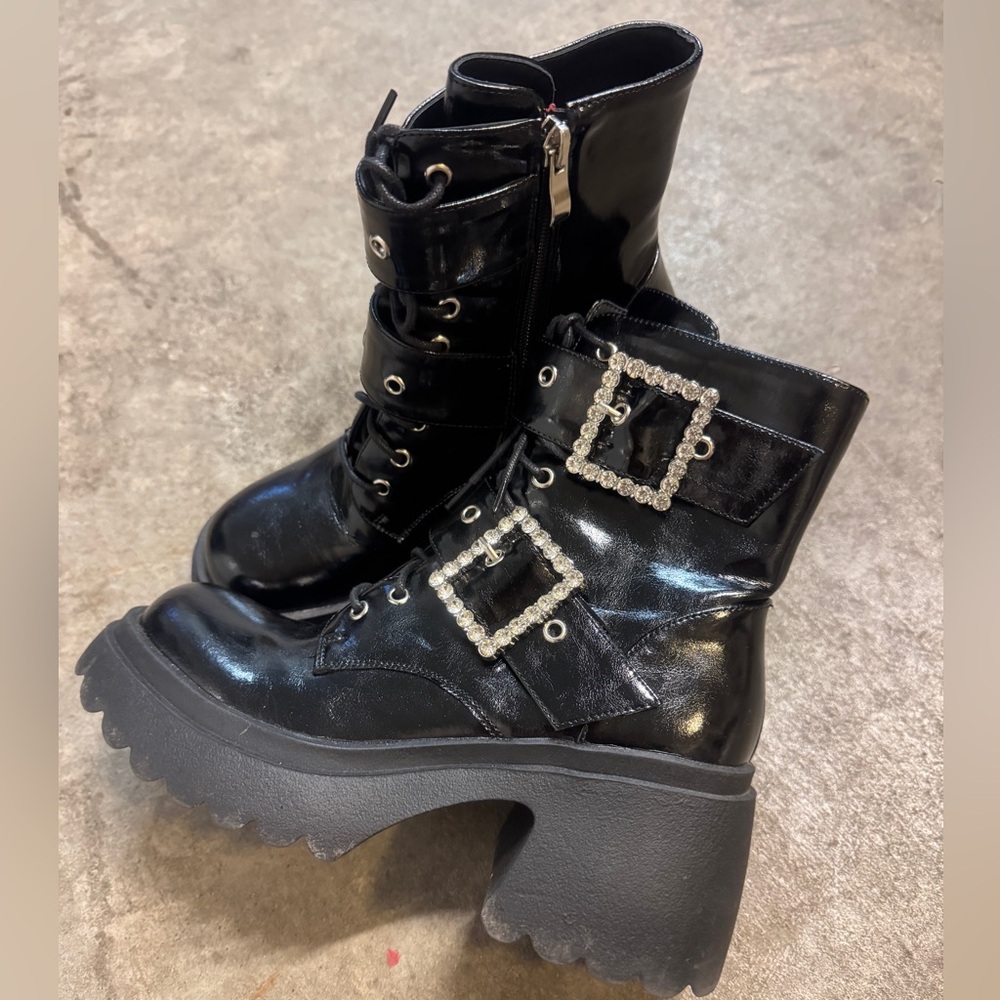 Black Platform Ankle Boots with Rhinestone Buckles